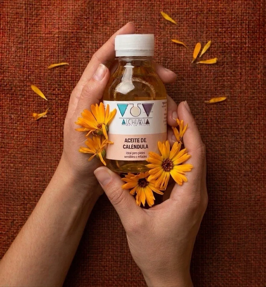 Calendula body oil held with calendula flowers